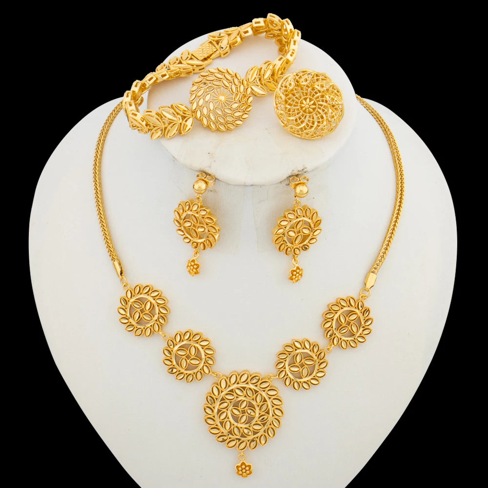 Fashion Jewelry for Women 18k Gold Plated Necklace and Earrings with Bracelet Ring Set