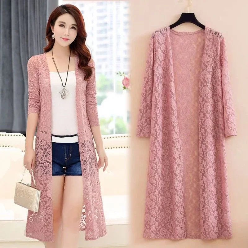 Fashion Women Lace Cardigan Mid-length Summer Mesh