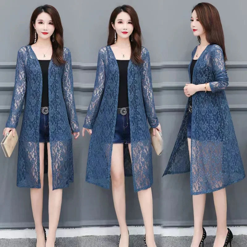 Fashion Women Lace Cardigan Mid-length Summer Mesh