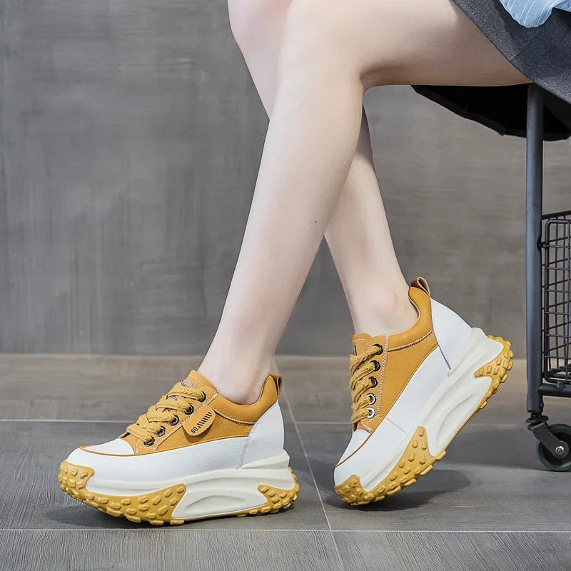 Fujin 7cm Genuine Leather Platform Wedge Fashion Women Spring Well-fitting Autumn Chunky Sneakers Shoes Breathable Comfortable