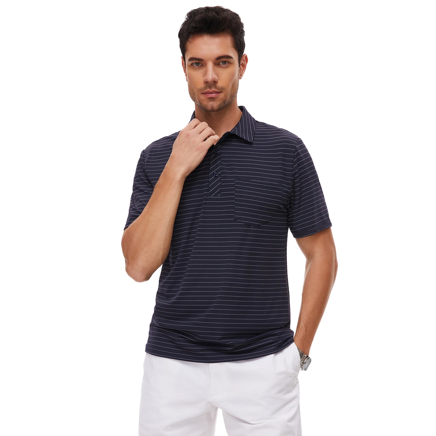 Men's Business Casual Polo with Pocket Short Sleeve Shirt