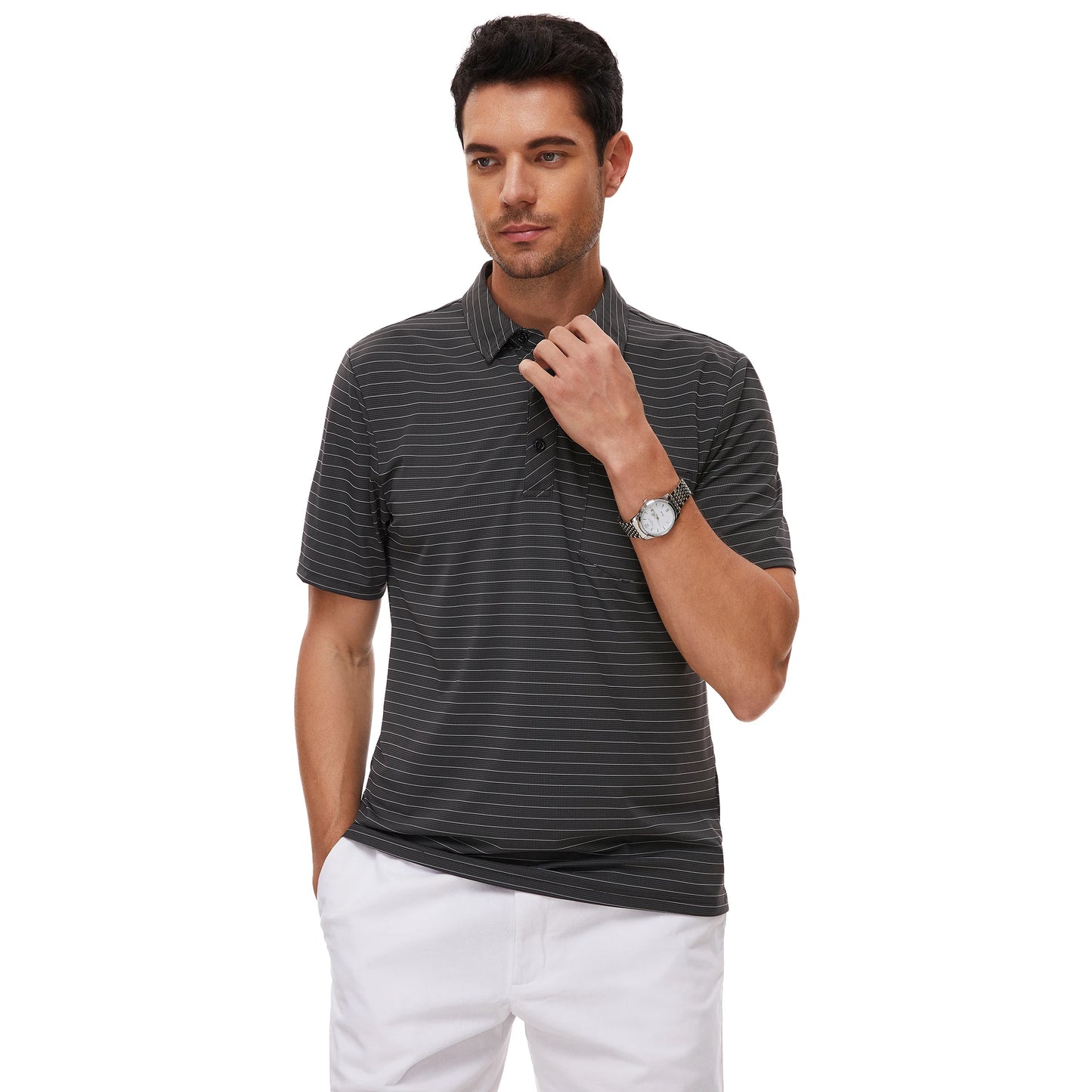 Men's Business Casual Polo with Pocket Short Sleeve Shirt